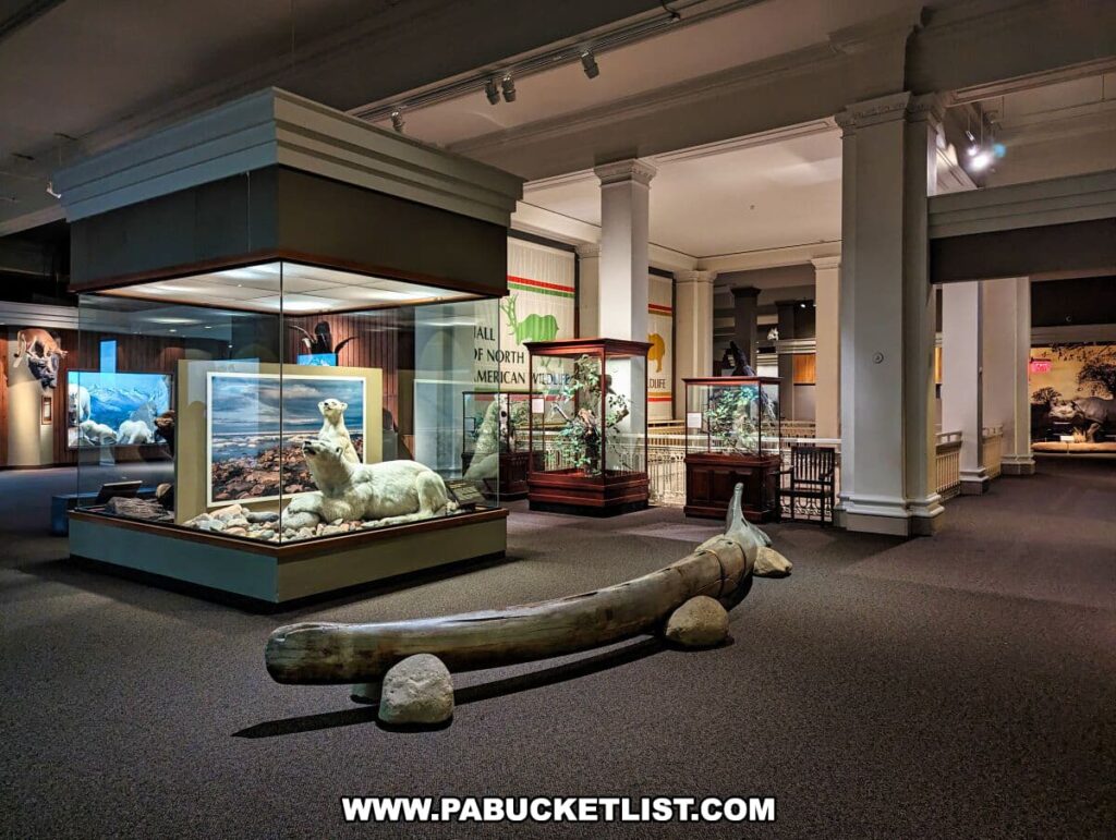 This image captures a serene scene in the Hall of North American Wildlife at the Carnegie Museums of Art and Natural History in Pittsburgh, PA. It features a variety of naturalistic animal dioramas, including a prominent display of polar bears in a simulated arctic environment. The exhibits are encased in glass, allowing for unobstructed viewing. A massive, fossilized bone lies on the floor in the foreground, adding a prehistoric element to the exhibit hall. Soft lighting and the spacious layout of the hall provide a tranquil atmosphere for museum-goers to explore the displays.