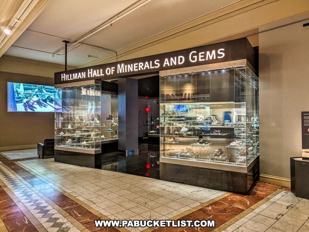 Entrance to the Hillman Hall of Minerals and Gems at the Carnegie Museums of Art and Natural History in Pittsburgh, PA. The display is lit by soft overhead lighting, showcasing an extensive collection of minerals and gemstones in well-organized, glass-encased exhibits. The hall's name is illuminated in bright letters above the entrance, drawing attention to the educational content within. Each exhibit provides a clear view of the natural treasures, ranging from raw crystalline formations to polished gems, inviting visitors to delve into the geological wonders on display.