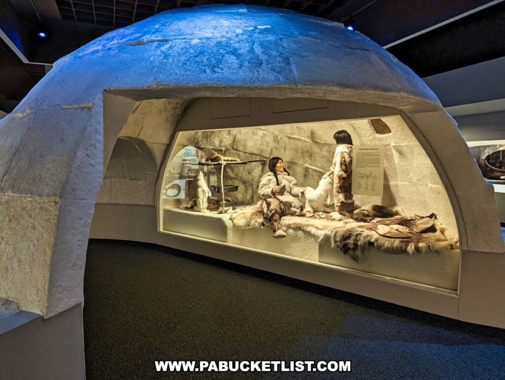 A realistic diorama of an igloo interior at the Carnegie Museums of Art and Natural History in Pittsburgh, PA. The display features mannequins dressed in traditional Inuit clothing, seated on furs inside the igloo, which is crafted to resemble blocks of snow. The scene is created to provide an immersive glimpse into Inuit life and culture. A placard inside the igloo offers educational information to museum visitors, enhancing the learning experience about this indigenous way of life in Arctic regions.
