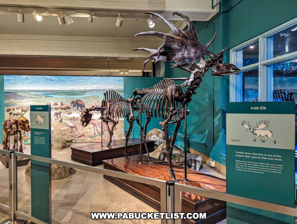 The Irish Elk exhibit at the Carnegie Museums of Art and Natural History in Pittsburgh, PA, featuring the skeletal remains of the extinct species. The towering elk skeleton is notable for its enormous antlers, displayed in a natural history setting with an illustrated backdrop depicting a prehistoric landscape teeming with various animal species. Informative panels describe the Irish Elk's characteristics and habitat. The display is part of a larger exhibit dedicated to showcasing the diversity and scale of ancient wildlife.
