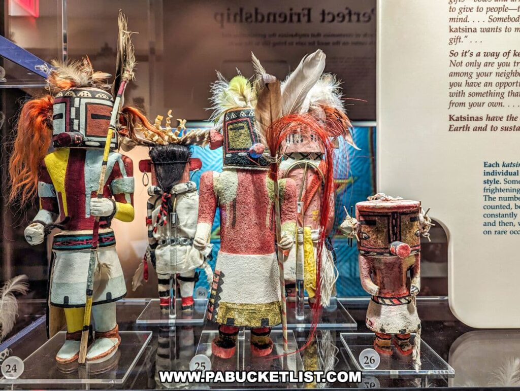 A display of Native American Katsina dolls at the Carnegie Museums of Art and Natural History in Pittsburgh, PA. The dolls are intricately crafted with vibrant colors, feathers, and other materials, each representing different spiritual figures in Native American culture. They are exhibited in a glass case with their respective numbers for identification. Informational text next to the dolls provides context about their significance and the traditions associated with them, offering museum visitors insight into indigenous cultural practices.