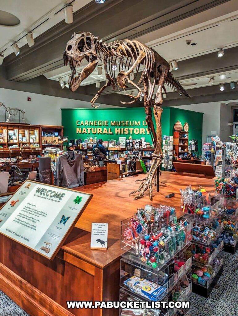Inside the gift shop at the Carnegie Museums of Art and Natural History in Pittsburgh, PA, an impressive dinosaur skeleton takes center stage among the merchandise. The skeletal remains, poised as if on the prowl, tower over the displays of souvenirs, educational toys, and books. The shop is well-lit, with a welcoming sign and various items neatly arranged on shelves and tables, inviting visitors to browse and take a piece of the museum experience home with them.