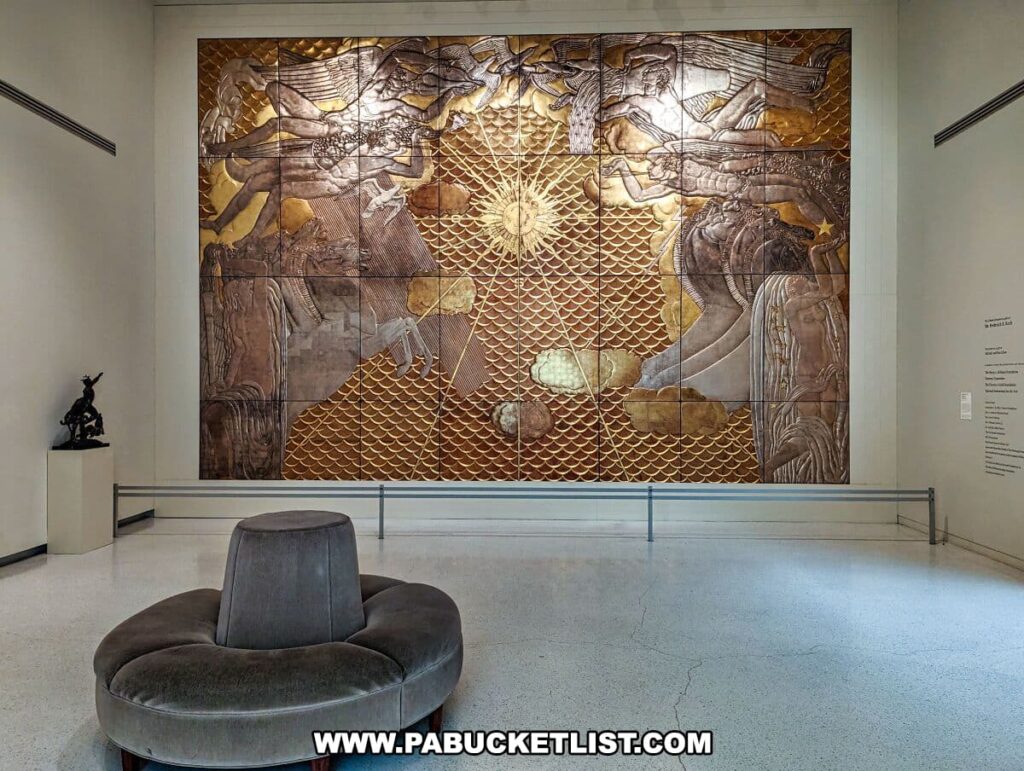 A striking large-scale wall sculpture on display at the Carnegie Museums of Art and Natural History in Pittsburgh, PA. The relief depicts stylized figures and motifs, possibly from a mythological or celestial narrative, with a sun or starburst as the central element. The sculpture is composed of multiple panels, each featuring different textures and tones, creating a cohesive and dynamic piece of art. In the foreground, a circular bench provides museum visitors a space to sit and contemplate the work, with informational text about the sculpture to the right.