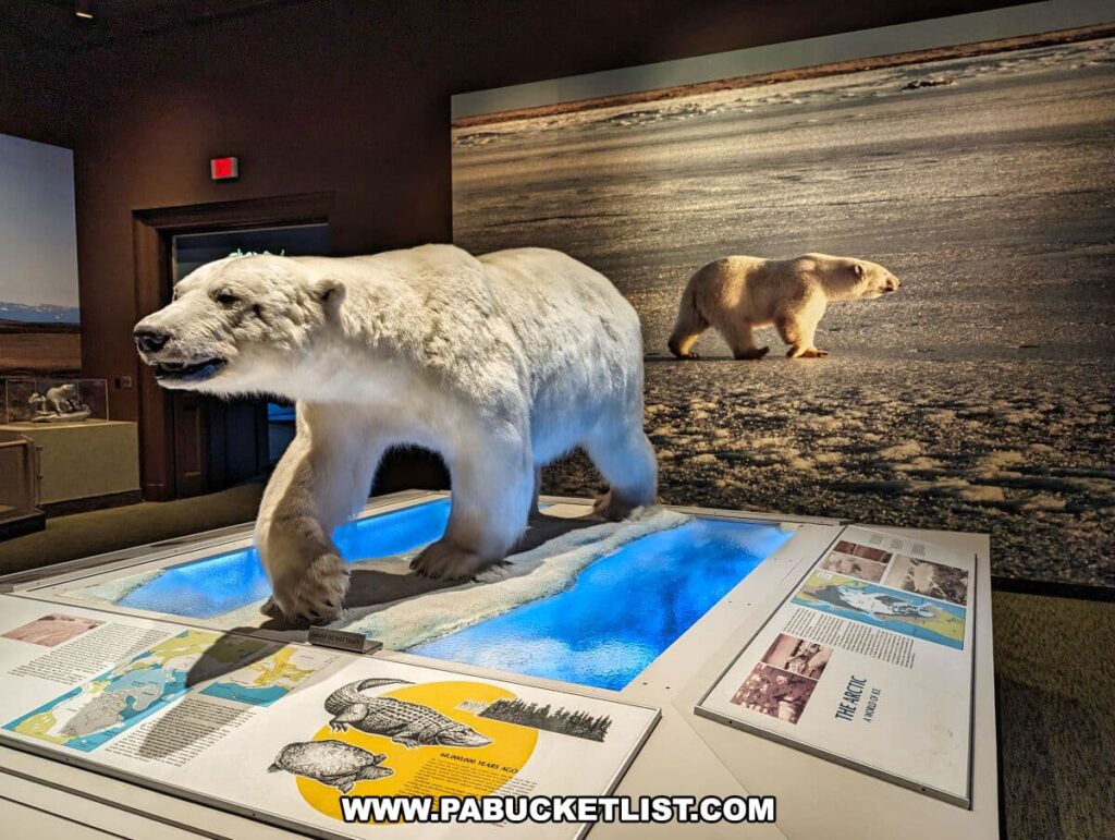 A polar bear exhibit at the Carnegie Museums of Art and Natural History in Pittsburgh, PA, featuring a life-size taxidermy polar bear in a walking pose. Behind the display is a large photograph of a polar bear in its natural arctic habitat, creating a realistic scene. Educational panels in front provide information about polar bear habitats and the impact of climate change on these regions. The exhibit is both an educational resource and a compelling display, highlighting the beauty and plight of this majestic species.