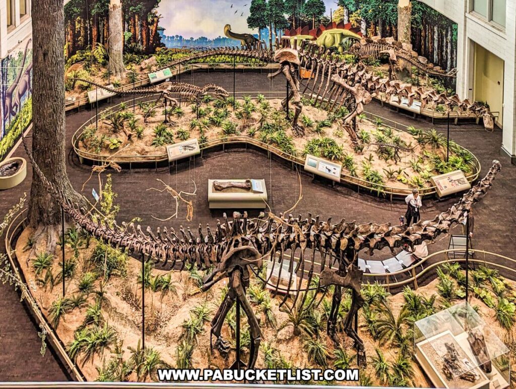 An elevated view of a dinosaur exhibit at the Carnegie Museums of Art and Natural History in Pittsburgh, PA, showcasing a variety of dinosaur skeletons arranged in lifelike poses. The skeletons are displayed on a curved, sandy platform with vegetation, surrounded by informative displays. The exhibit is designed to give visitors a comprehensive view of these ancient creatures within a setting that mimics their natural habitat, complete with a painted mural background depicting a prehistoric landscape.