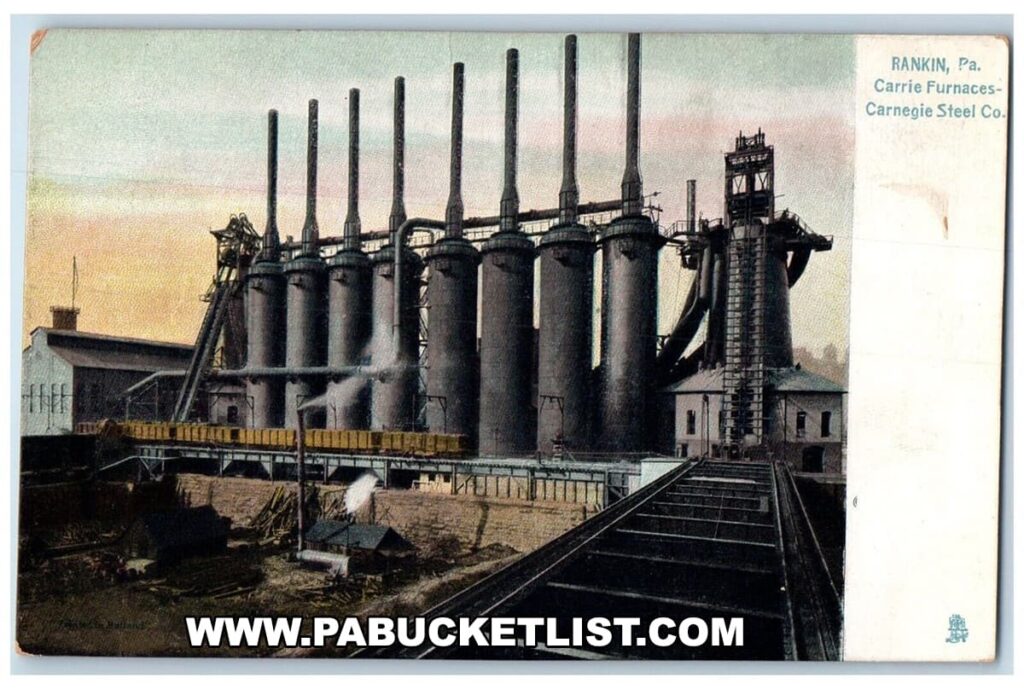 Vintage postcard image of the Carrie Furnaces in Pittsburgh, named after Carrie Clarke, daughter of the first president and manager of the venture.