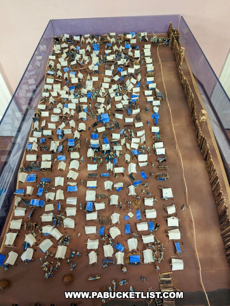 An aerial view of a detailed diorama at the Civil War Tails Diorama Museum in Gettysburg, PA, representing the Andersonville prison. The diorama portrays numerous cat-like figures, dressed in blue and grey uniforms, scattered throughout a model prison camp. The camp features rows of small white tents, sparsely laid out across a dirt field with a surrounding wooden fence. This creative interpretation of a historical site uses feline figures to represent soldiers, providing an educational yet whimsical portrayal of Civil War history.