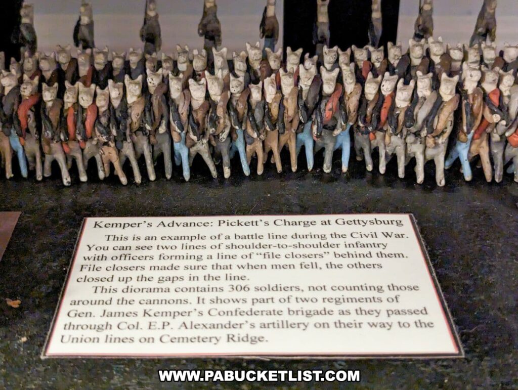 A close-up of a diorama at the Civil War Tails Diorama Museum in Gettysburg, PA, illustrating Kemper's Advance during Pickett's Charge at the Battle of Gettysburg. The diorama shows cat-like figures arranged in two lines of shoulder-to-shoulder infantry, with officers and file closers behind them. A descriptive label in front of the diorama explains the battle formation and notes that this scene includes 306 cat soldiers, representing part of two regiments of General James Kemper's Confederate brigade as they moved through Colonel E.P. Alexander's artillery on their way to the Union lines on Cemetery Ridge.