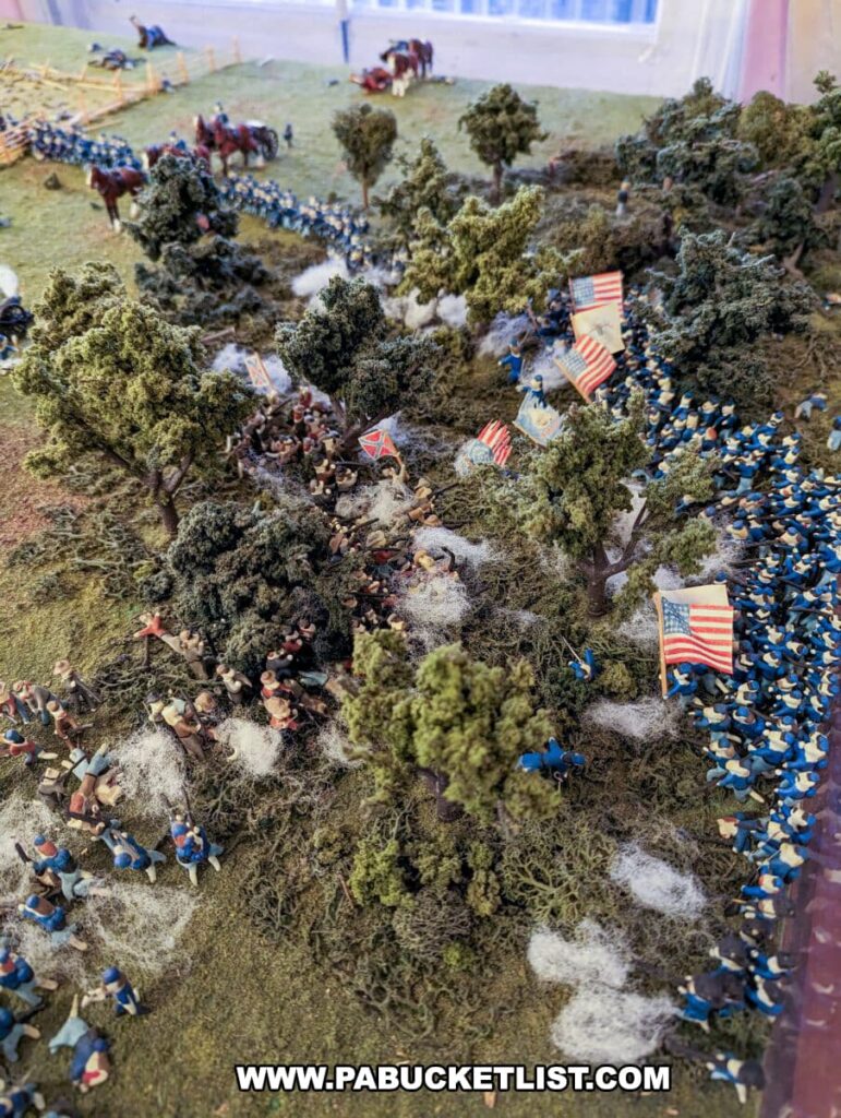An aerial view of a diorama at the Civil War Tails Diorama Museum in Gettysburg, PA, depicting the battle around Little Round Top. The scene is filled with cat-like figures in blue and grey uniforms, engaged in combat amidst dense woodland terrain. Small flags, including both the Union Stars and Stripes and the Confederate Stars and Bars, are scattered throughout the diorama, marking the positions of the troops. Patches of cotton simulate smoke from the skirmish. This detailed diorama captures the intensity of the Civil War battle with a creative and whimsical portrayal using cat figures as soldiers.