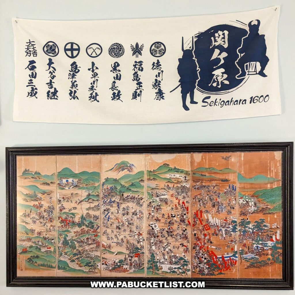 A display at the Civil War Tails Diorama Museum in Gettysburg, PA, featuring a white banner with Japanese characters and various clan symbols above the silhouette of two samurai warriors, with the text 'Sekigahara 1600' in both Japanese and English. Below the banner is a detailed, colorful Japanese print depicting the historic Battle of Sekigahara, showing numerous figures engaged in combat across a sprawling landscape. This exhibit provides a cultural juxtaposition, linking the theme of historical battle reenactments with another significant conflict from world history.