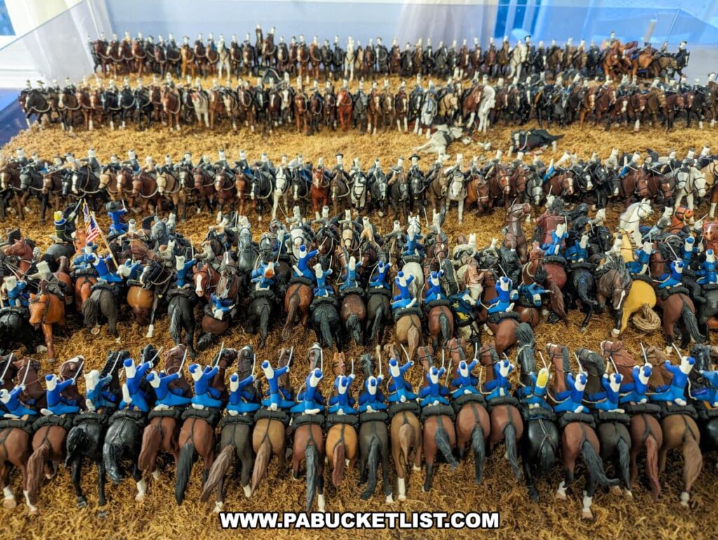 This image showcases a diorama from the Civil War Tails Diorama Museum in Gettysburg, PA, featuring an elaborate cavalry battle scene with all figures replaced by cat-like characters. The diorama is densely populated with cat-soldiers in blue uniforms atop a variety of horse figures, arranged in regimented battle lines. The feline soldiers are holding sabers aloft, and a few are carrying flags, including the American flag. The diorama captures a moment of intense action, with the attention to detail in the figures and horses conveying a sense of motion and urgency typical of a cavalry charge.
