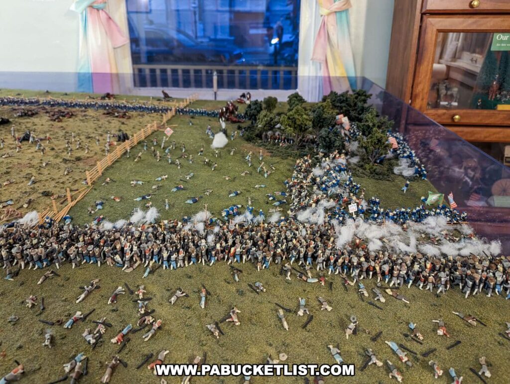 An intricate diorama at the Civil War Tails Diorama Museum in Gettysburg, PA, vividly portraying the battle at the Angle on Cemetery Ridge. The scene is bustling with cat-like figures in Union and Confederate uniforms amidst a chaotic battle, with some charging forward and others lying on the ground. Puffs of cotton simulate gun smoke, adding to the realism of the miniature battlefield. In the background, the museum's interior includes a window with curtains and a display case with additional artifacts. This diorama captures a crucial moment in Civil War history with a whimsical twist by representing the soldiers as cats.