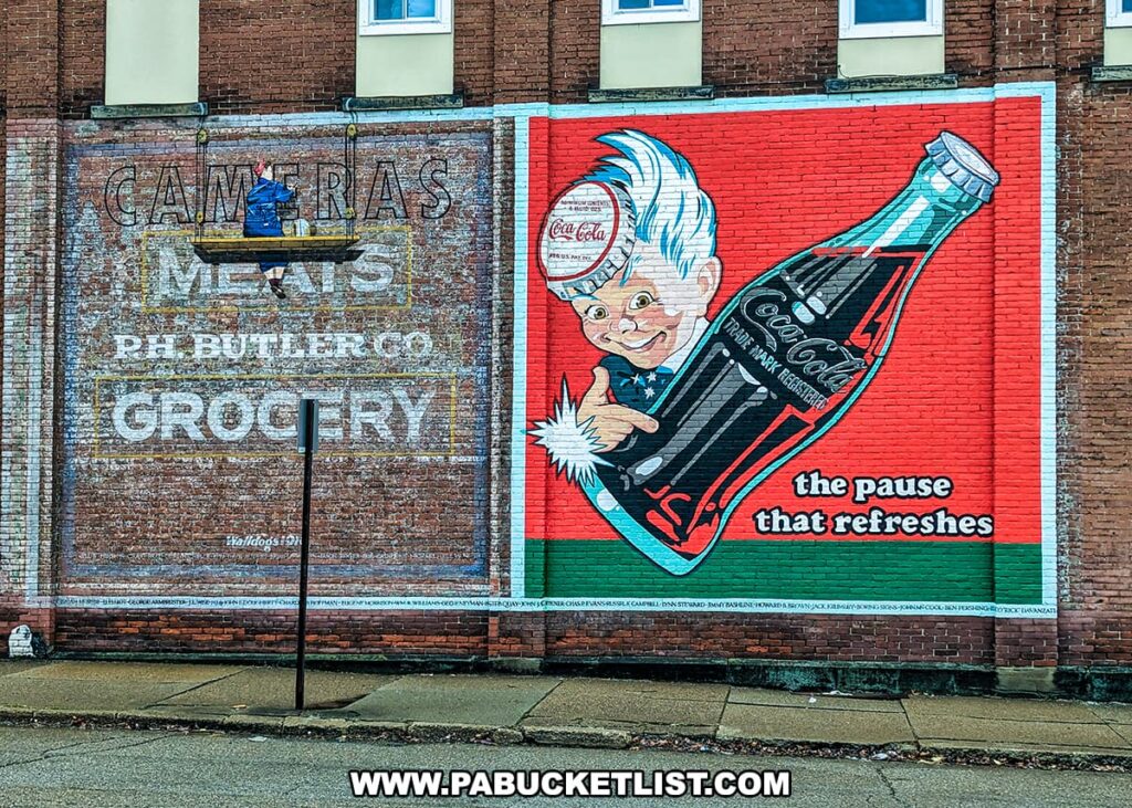A vibrant mural on the side of a brick building in downtown Butler County, Pennsylvania. On the left side of the image is a ghost sign, faint but still legible, advertising "CAMARA'S MEATS PH. BUTLER CO. GROCERY," dating back to 1921. On the right, covering a larger portion of the wall, is a brightly painted, modern mural of a classic Coca-Cola bottle with the iconic logo and the slogan "the pause that refreshes" underneath. The bottle is held by a whimsical character with a wide grin and a chef's hat that also features the Coca-Cola logo. The wall is painted in Coca-Cola's signature red and green colors. Below the murals, on the sidewalk, there is a wet surface reflecting the mural and a street sign, indicating recent rainfall.
