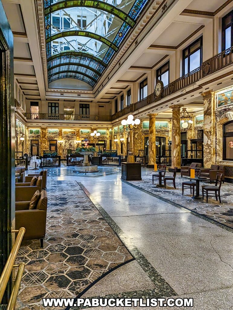The grand lobby of the former DL&W Train Station, now a hotel, near the Scranton Iron Furnaces in Scranton, PA. The space features a luxurious marble floor, richly patterned with dark and light stones, leading to a seating area with elegant tables and chairs. Above, a magnificent stained glass skylight brightens the interior, and the balcony with classic railings overlooks the lobby. The historical charm of the station is preserved in the opulent decor and architectural details.