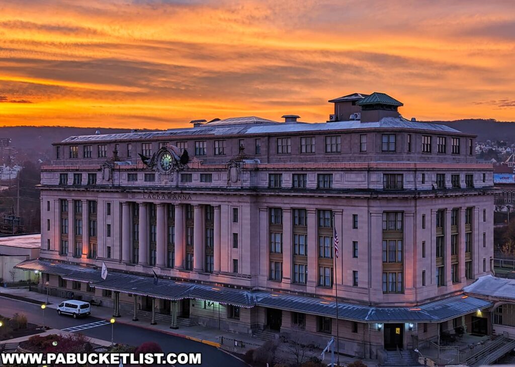 The former DL&W Train Station in Scranton, PA, captured at sunrise with a fiery sky in the backdrop. The building's classic Beaux-Arts architecture, featuring robust columns and an ornate clock, is illuminated by the warm glow of the rising sun. The station's facade, with the name "LACKAWANNA" prominently displayed, stands out against the vibrant morning colors, reflecting the historical significance of this landmark in the context of the city's industrial heritage.