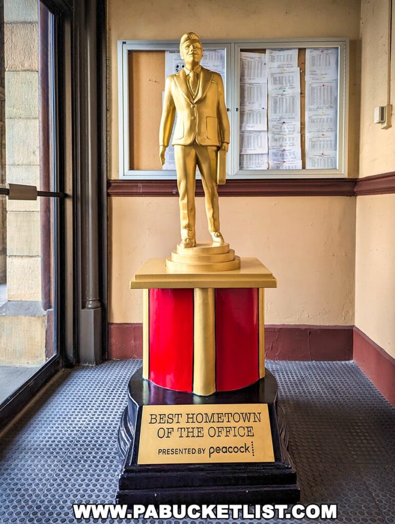 A golden statue of a man in business attire displayed on a red and gold pedestal inside the lobby of a building, with a plaque stating 'BEST HOMETOWN OF THE OFFICE' presented by Peacock. The statue resembles a 'Dundie' award from the television show 'The Office.' It is situated near a bulletin board filled with flyers, in a hallway with a black and white checkered floor and cream and maroon walls.