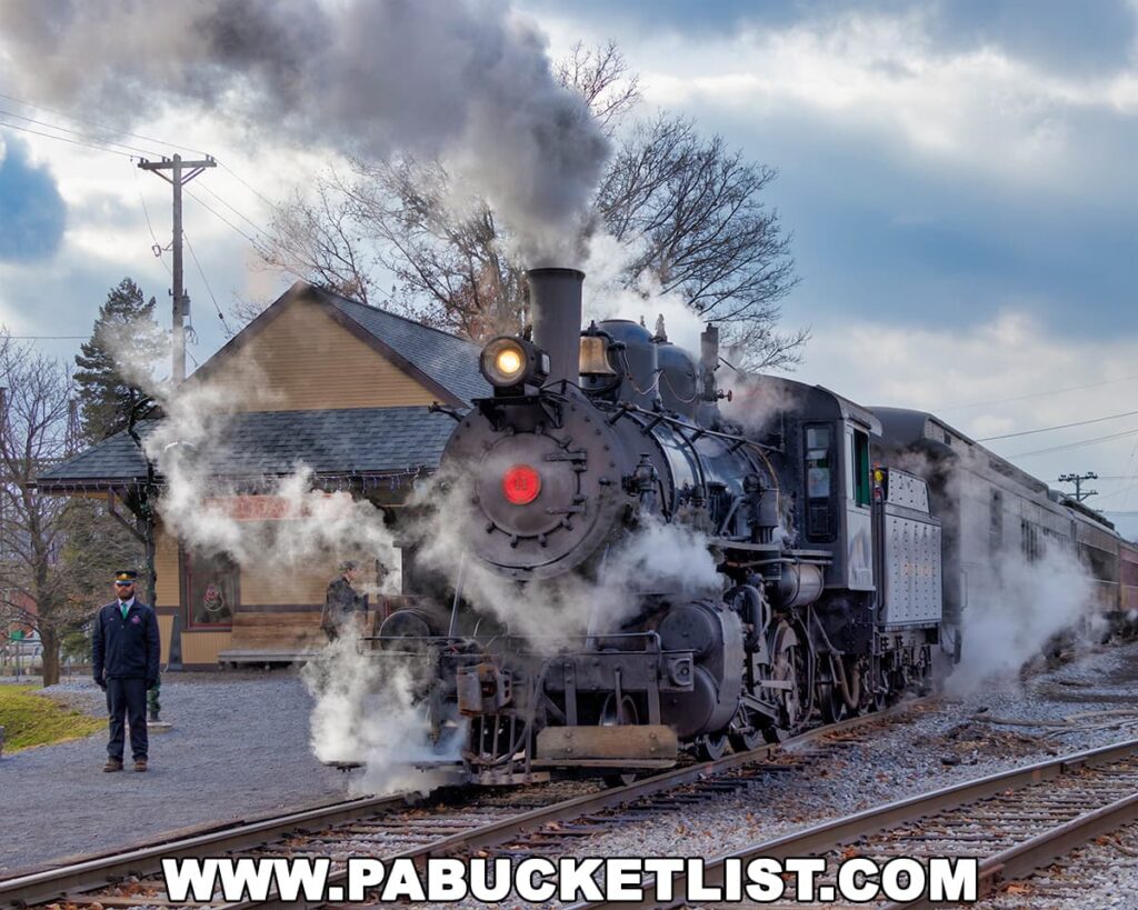 A historical steam locomotive adorned with the number 11 is captured mid-departure, releasing puffs of steam around its black steel body. In the foreground, a conductor dressed in a dark uniform with a cap stands by the railroad tracks, looking towards the camera. Behind him, the Hollidaysburg train station, modest in size and decorated with wreaths, contributes to the nostalgic ambiance. The sky is partly cloudy, allowing some sunlight to filter through, and a few bare trees are visible in the background, hinting at a chilly season. The scene conveys a sense of historical transportation and bygone eras.