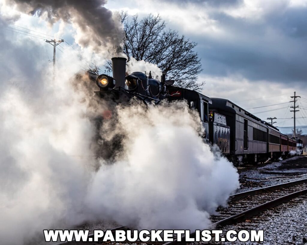 A dramatic scene of a vintage steam locomotive engulfed in a cloud of white steam as it moves along the tracks. The headlight and front part of the locomotive are visible, with the number 11 prominently displayed. Behind it, passenger cars trail into the distance. The train is set against a backdrop of a cloudy sky and bare trees, with utility poles lining the scene. The ground shows patches of snow, suggesting a cold weather setting. The overall atmosphere is dynamic and filled with the power of the historical train in motion.