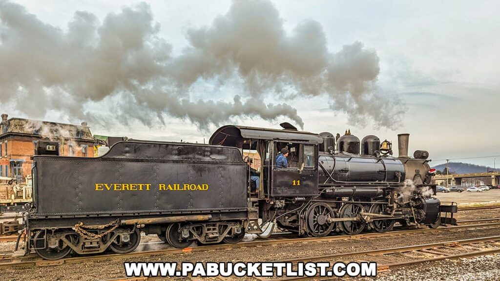 A classic black steam engine, number 11, of the Everett Railroad is captured with billows of dark smoke rising into the sky as it operates on the tracks. The words "EVERETT RAILROAD" are prominently displayed on the side of the tender. An engineer can be seen in the cabin, giving life to this historic locomotive. The train is set against a backdrop of old buildings and a clear sky, with hints of industrial activity in the distance, characteristic of Hollidaysburg, Pennsylvania's railway scenery.