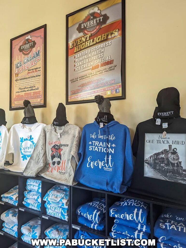 Inside the gift shop of the Everett Railroad in Hollidaysburg, Pennsylvania, merchandise is on display. The wall features framed event posters, including "The Ice Cream Special" and "Event Highlights" for excursions like the "Easter Eggpress" and "Pumpkin Patch." On the shelves, there are neatly folded t-shirts and sweatshirts with the Everett Railroad branding and various railroad-themed designs. Some shirts have playful phrases like "Take me to the train station" and "I have a one-track mind," alongside graphic prints of trains and the railroad logo. The shop offers a range of memorabilia for train enthusiasts and visitors.