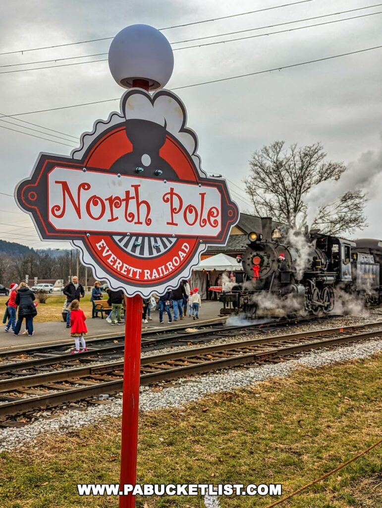 In the foreground, a whimsical red and white "North Pole" sign stands prominently, featuring the Everett Railroad logo, indicating a themed holiday event. Behind it, a historic steam locomotive billows white steam as it prepares for departure. Passengers and families can be seen in the background, with children dressed in holiday attire, creating a festive atmosphere. The train's presence and the "North Pole" sign suggest this may be a special "Santa Express" excursion, designed to delight families and bring the magic of the holiday season to life in Hollidaysburg, Pennsylvania.