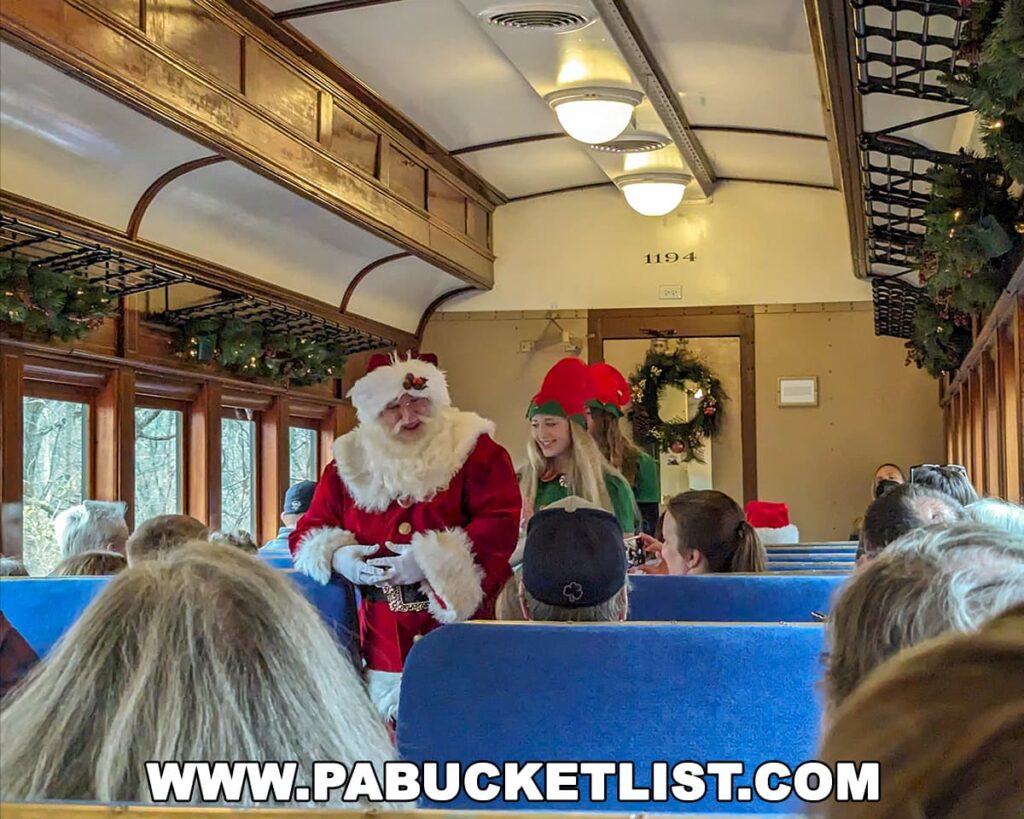 A cheerful Santa Claus and a helper dressed as an elf are interacting with passengers inside a vintage passenger car of the Everett Railroad during a festive excursion in Hollidaysburg, Pennsylvania. The interior is decorated with garlands and wreaths for the holiday season, adding to the merry atmosphere. Passengers, some wearing Santa hats, are seated in blue seats, their attention drawn to Santa and the elf as they walk down the aisle, bringing holiday cheer to the excursion.