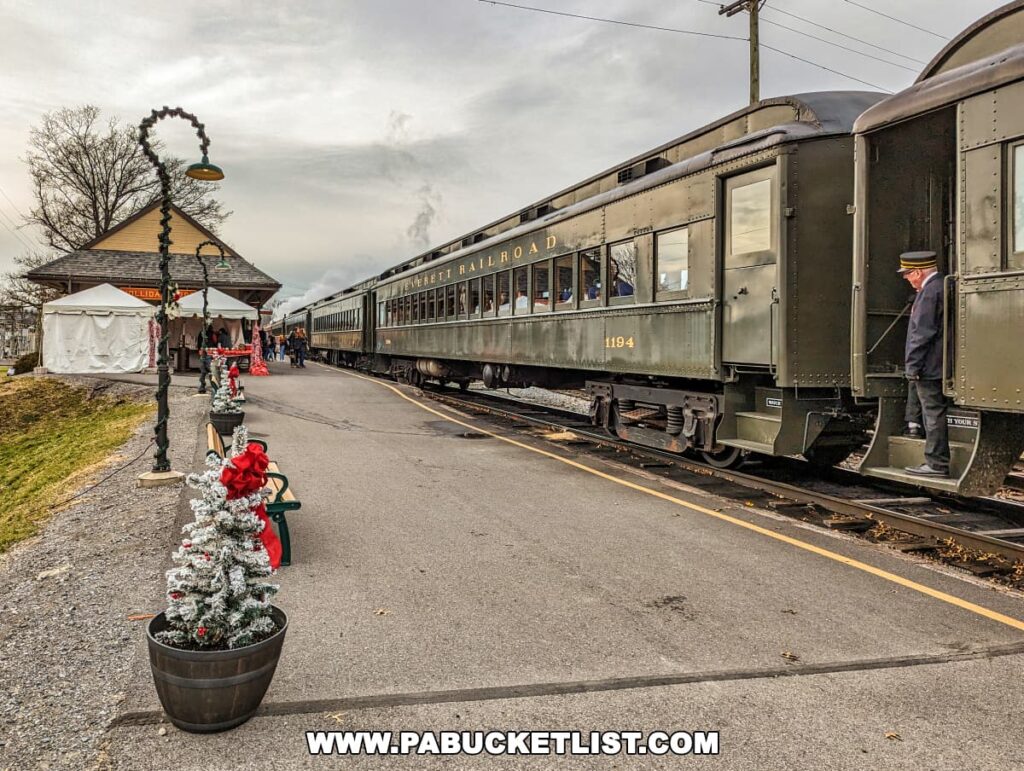 Passenger cars of the Everett Railroad are parked at a station in Hollidaysburg, Pennsylvania. One of the cars is numbered 1194, and a train conductor in uniform stands on the steps of one car. The station has a festive look with a small Christmas tree and wreaths adorning light poles, while a gazebo and vendor tents suggest an event or market may be taking place. The overcast sky and leafless trees indicate a cool weather setting, likely around the holiday season. The scene is bustling with activity and evokes a sense of community and tradition associated with holiday train excursions.