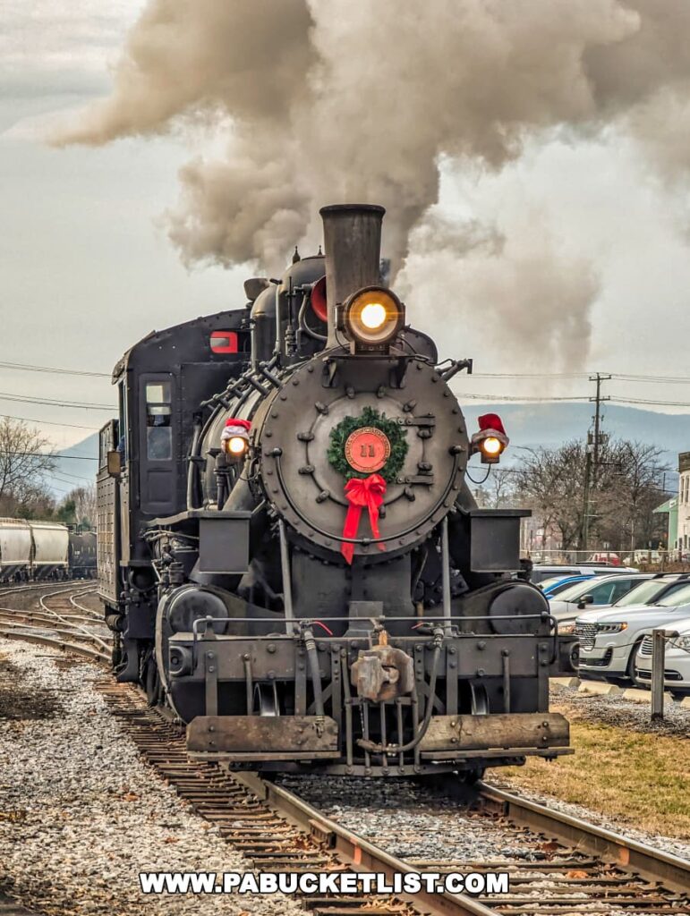 A majestic black steam locomotive from the Everett Railroad, adorned with a bright red bow and wreath around its headlight, emits a towering plume of smoke into the sky as it travels along the tracks in Hollidaysburg, Pennsylvania. The number 11 is clearly visible on the front, and Santa hats are playfully placed atop the headlamps. The engine's powerful presence and holiday decorations suggest a festive Santa Express excursion, evoking the warmth and joy of the season amidst the colder, subdued colors of the surrounding landscape.