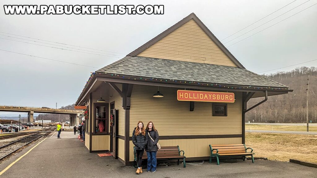 Two individuals stand in front of the Hollidaysburg train station, which is a quaint, beige building with a pointed roof and decorated with Christmas wreaths and multicolored string lights. The station's sign reads "HOLLIDAYSBURG," and a "TICKETS" sign hangs by the door. In the background, there are railroad tracks and a bridge, with trees and a hilly landscape in the distance, indicative of the rural setting of Hollidaysburg, Pennsylvania. The atmosphere appears calm and welcoming, characteristic of a small-town railway station.