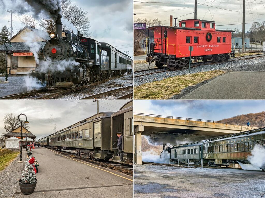 This collage features four images from a steam train excursion on the Everett Railroad in Hollidaysburg, Pennsylvania. The top left photo shows a steam locomotive emitting plumes of smoke at the station, with the "HOLLIDAYSBURG" sign visible. The top right image displays a bright red caboose with "EVERETT RAILROAD 91517" on the side. The bottom left picture captures a line of passenger cars at the station, decorated with Christmas greenery and a festive tree in the foreground. The bottom right photo shows the train passing under a bridge, with steam enveloping the cars, creating a dynamic scene of movement and activity.
