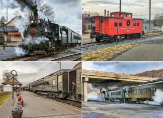 This collage features four images from a steam train excursion on the Everett Railroad in Hollidaysburg, Pennsylvania. The top left photo shows a steam locomotive emitting plumes of smoke at the station, with the "HOLLIDAYSBURG" sign visible. The top right image displays a bright red caboose with "EVERETT RAILROAD 91517" on the side. The bottom left picture captures a line of passenger cars at the station, decorated with Christmas greenery and a festive tree in the foreground. The bottom right photo shows the train passing under a bridge, with steam enveloping the cars, creating a dynamic scene of movement and activity.
