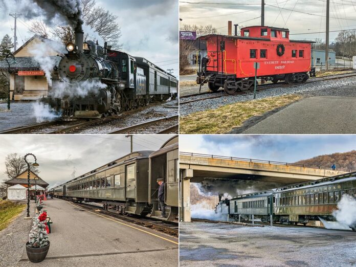 This collage features four images from a steam train excursion on the Everett Railroad in Hollidaysburg, Pennsylvania. The top left photo shows a steam locomotive emitting plumes of smoke at the station, with the 