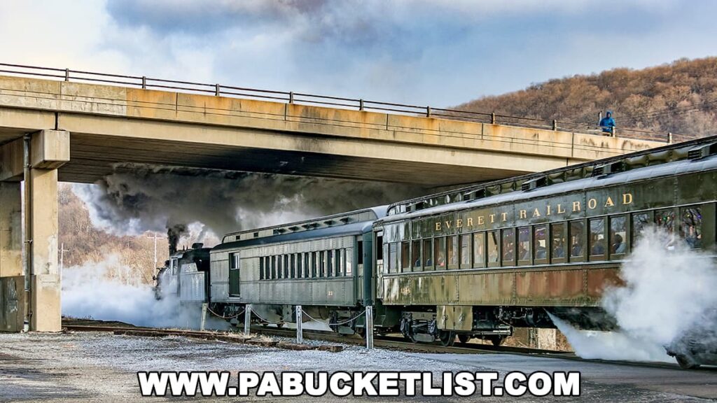 A steam train from the Everett Railroad is captured passing under a concrete bridge in Hollidaysburg, Pennsylvania. The locomotive leads a procession of vintage passenger cars, with white steam billowing from its engine and enveloping the train in a dramatic fog. The side of the nearest car prominently displays "EVERETT RAILROAD" in gold lettering. Above on the bridge, a lone figure watches the scene unfold. The landscape in the background is hilly and barren of leaves, suggesting a late fall or winter season, and the ground appears wet or icy. The scene captures the essence of historic rail travel against a rugged Pennsylvanian landscape.