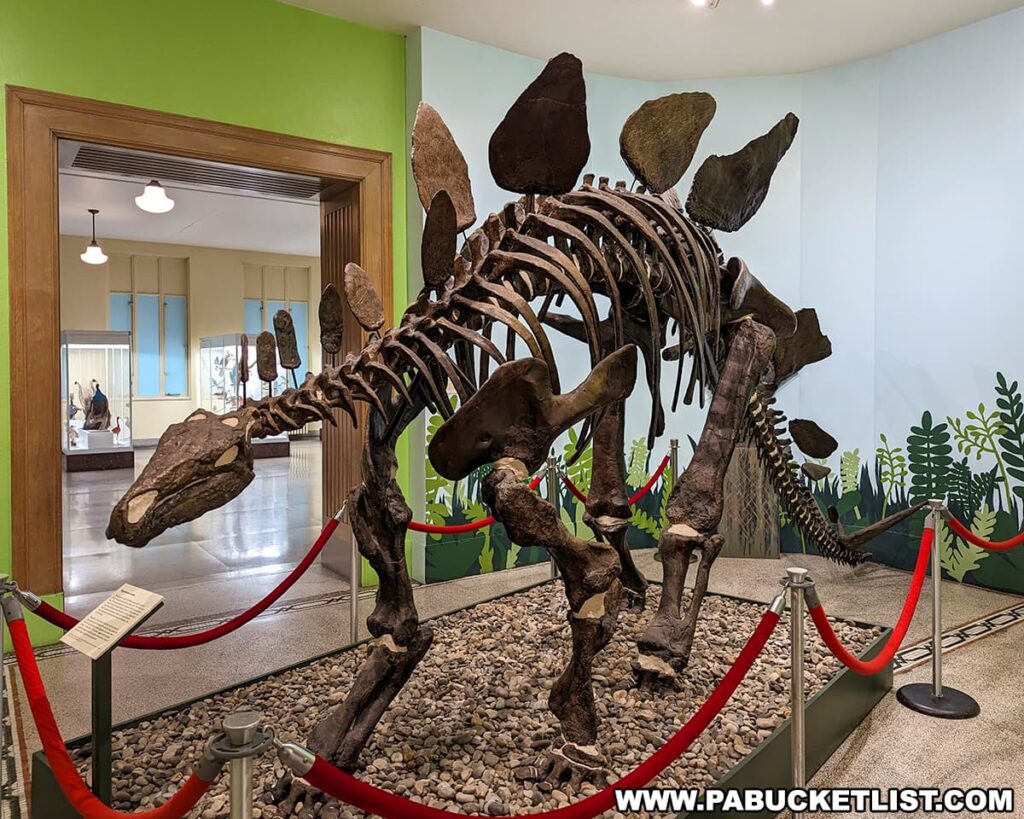 A stegosaurus skeleton exhibit inside the Everhart Museum in Scranton, Pennsylvania. The skeletal replica is presented in a dynamic pose, surrounded by a red rope barrier on stanchions. It's set against a backdrop of illustrated prehistoric plants, creating a naturalistic setting. The exhibit is placed on a bed of rocks, and an information placard is visible in front of the display.