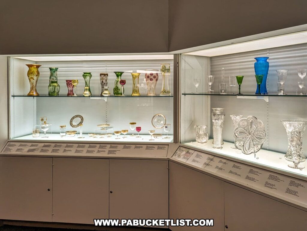 A display in the Dorflinger Glass Gallery at the Everhart Museum in Scranton, Pennsylvania. The illuminated glass case showcases an array of delicate glassware including variously shaped and colored vases on the top shelf, and elegant stemware, plates, and serving dishes on the bottom shelf. Accompanying labels provide historical context and descriptions for the pieces, detailing the craftsmanship and history of glassmaking. The display is set against a neutral backdrop, with informative texts mounted on the front panel for an educational experience.