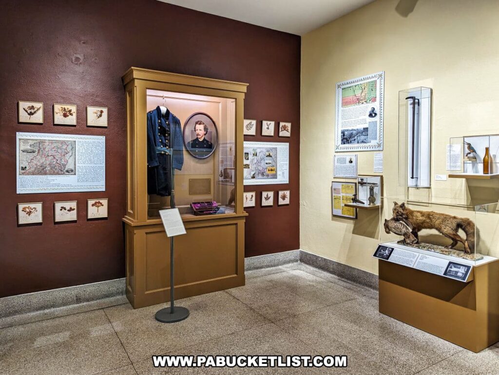 This photo captures the Founders Gallery exhibit space within the Everhart Museum in Scranton, Pennsylvania. The wall is adorned with framed botanical prints and historical information panels, including a prominent display with a map and text. A central glass case houses a vintage military uniform and a portrait of Dr. Everhart, the museum's founder. Adjacent to this, a taxidermized fox is presented on a pedestal display.