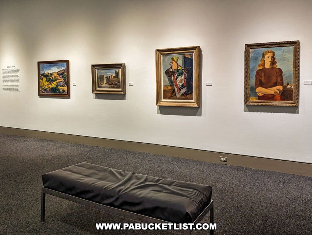 This photograph shows a portion of the Frederic C. Knight art gallery within the Everhart Museum in Scranton, Pennsylvania. Information panels provides context for the artwork displayed.