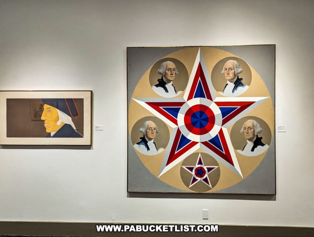 An art exhibition featuring portraits of George Washington at the Everhart Museum in Scranton, Pennsylvania. On the left, a stylized, modern portrait of a figure in profile, possibly Washington, is displayed next to a large central canvas. This centerpiece showcases multiple profile images of Washington superimposed on a patriotic motif with a star and vibrant red, white, and blue colors. The artworks are spaced evenly on the gallery wall, allowing viewers to appreciate each piece individually. These representations offer a contemporary take on historical portraiture within the museum setting.