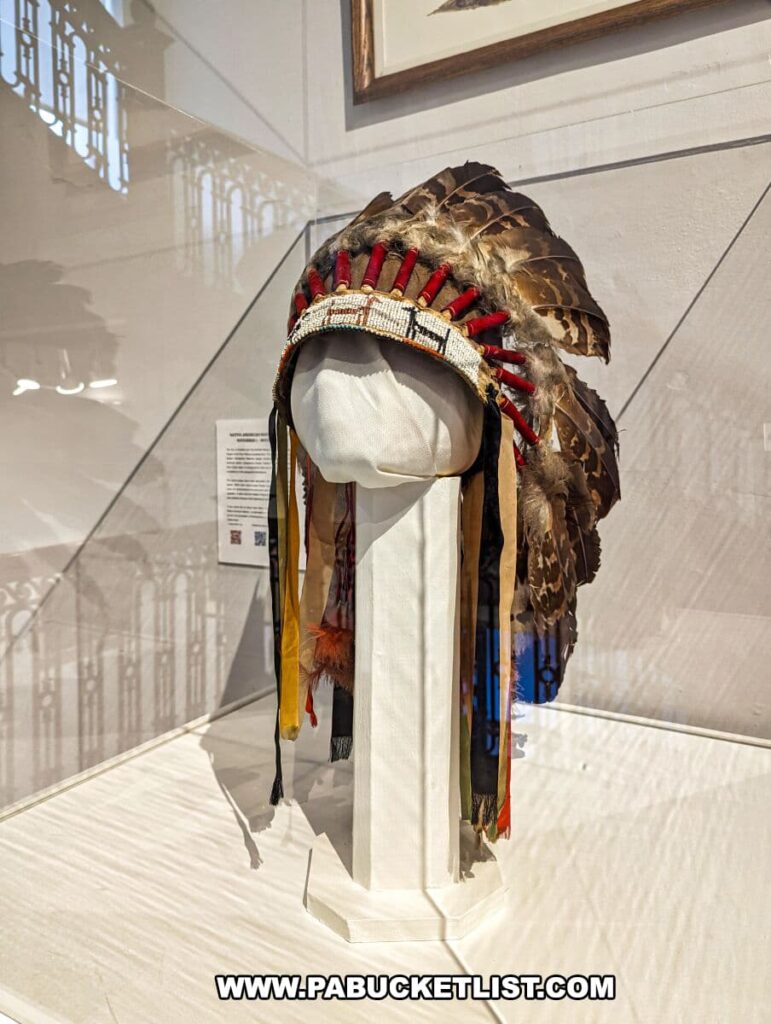 A Native American headdress on display at the Everhart Museum in Scranton, Pennsylvania. The headdress, mounted on a mannequin head, features an array of brown and white feathers with beadwork and red fabric accents on the headband. Ribbons and additional adornments hang from the sides, adding color and texture to the piece. The headdress is showcased in a glass case, with its shadow cast on the wall behind it, which is also reflected in the glass, creating a layered visual effect. An informational label appears to the side, likely providing context about the headdress's origin and significance.