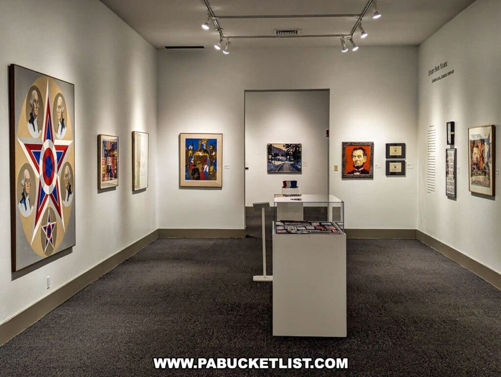 An interior view of a gallery at the Everhart Museum in Scranton, Pennsylvania, showcasing a variety of artworks. On the left wall, there's a large canvas with a star and portraits, next to other framed pieces of varying sizes. The center of the room features a display case with information or possibly small art objects. The gallery space is well-lit with track lighting, and the gray carpeted floor complements the neutral wall color. The room is designed to direct attention to the artworks, inviting visitors to explore and reflect upon the pieces displayed.
