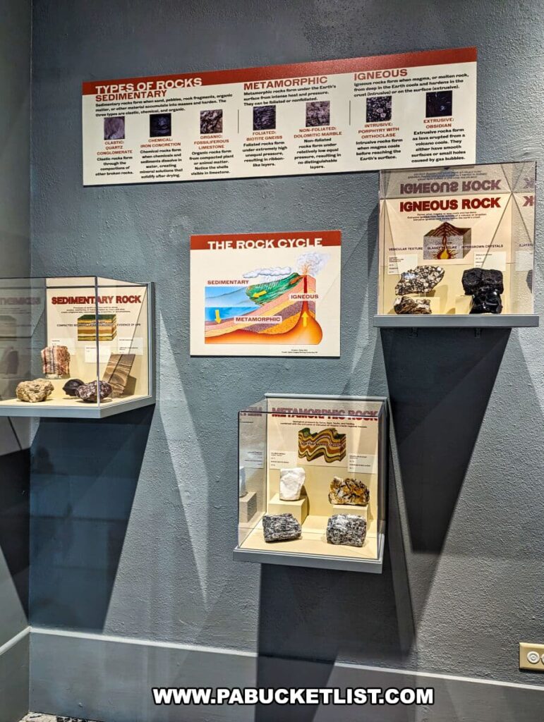 An educational exhibit on geology at the Everhart Museum in Scranton, Pennsylvania. The display features informative panels about different types of rocks: sedimentary, metamorphic, and igneous, along with examples of each type housed in glass cases below the descriptions. The central panel illustrates "The Rock Cycle," explaining the formation and transformation of rocks. Actual rock specimens, including igneous and metamorphic rocks, are presented in the cases with labels, allowing visitors to view and learn about the physical characteristics that distinguish these rock types. The exhibit is designed with dark gray walls that highlight the colorful educational materials and rock samples.