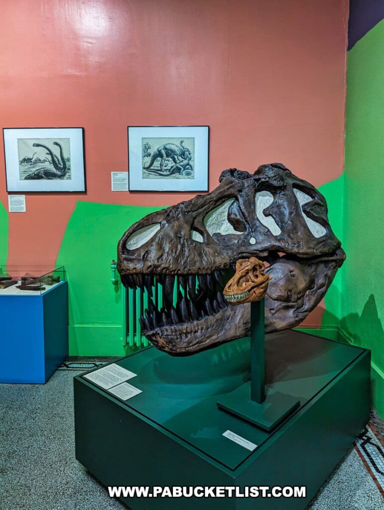 A prominent Tyrannosaurus rex skull replica is on display at the Everhart Museum in Scranton, Pennsylvania. The large, detailed skull, showcasing the dinosaur's formidable teeth, is mounted on a stand at eye level for visitors. Behind the skull, two framed illustrations of dinosaurs provide a paleontological context. The colorful walls behind the exhibit, painted in shades of red and green, draw attention to the display. Informative plaques are placed in front of the skull, likely offering scientific facts and historical data about the T. rex to educate museum patrons.