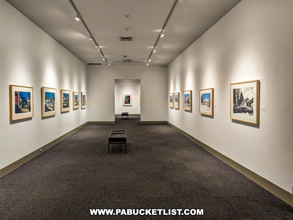 An art gallery within the Everhart Museum in Scranton, Pennsylvania, featuring framed artworks on white walls, illuminated by track lighting. The gallery is carpeted in gray, and each piece of art is carefully spaced, allowing visitors to appreciate the individual works. A black bench is placed in the center of the room for contemplative viewing. The gallery extends into a further room where a colorful painting is visible, highlighting the museum's depth of collection. The space is quiet and appears to be designed for an intimate viewing experience.