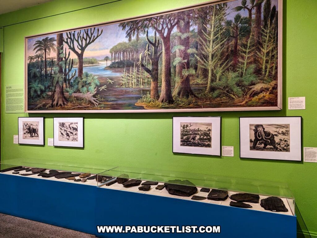 An exhibit at the Everhart Museum in Scranton, Pennsylvania, featuring a large, framed painting of a prehistoric landscape with lush vegetation and waterways. Below the painting, there are three framed prints depicting Ice Age mammals and dinosaurs in various scenes. In front of the artwork, a display case on a blue stand contains fossilized remains and rock specimens. The wall behind the exhibits is painted in a vibrant green, and descriptive texts accompany each piece, providing context and educational content for museum visitors.