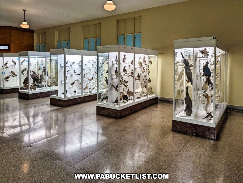 An exhibition room at the Everhart Museum in Scranton, Pennsylvania, displaying a collection of bird specimens from around the world. Several tall, well-lit glass cases are arranged in rows, each one filled with various bird species in different poses. The room has terrazzo flooring, reflecting the overhead lighting, and a muted yellow and teal color scheme on the walls and upper part of the display cabinets. This setup allows visitors to view the birds up close and learn about their habitats and behaviors.