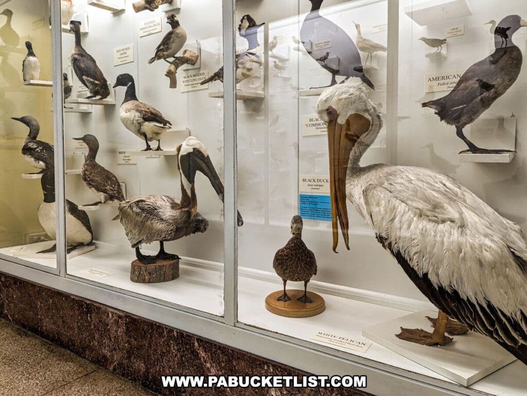 A close-up view of a bird exhibit at the Everhart Museum in Scranton, Pennsylvania. The display features various taxidermied birds, including a prominent pelican in the foreground, along with a black duck and other waterfowl species, each with descriptive labels. The birds are mounted inside a glass display case with a white background, allowing for detailed observation. This exhibit showcases the diversity of avian life and the museum's dedication to natural history education.