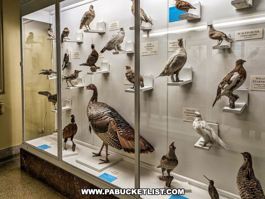 A display of taxidermied birds at the Everhart Museum in Scranton, Pennsylvania. The exhibit features a variety of bird species, mounted on white shelves within a large glass display case. Each bird is accompanied by a label detailing its common name, with birds such as the Wild Turkey prominently displayed in the foreground. The exhibit is part of the museum's collection, emphasizing the diversity of avian life and providing educational information to visitors about different bird species, including their conservation status.