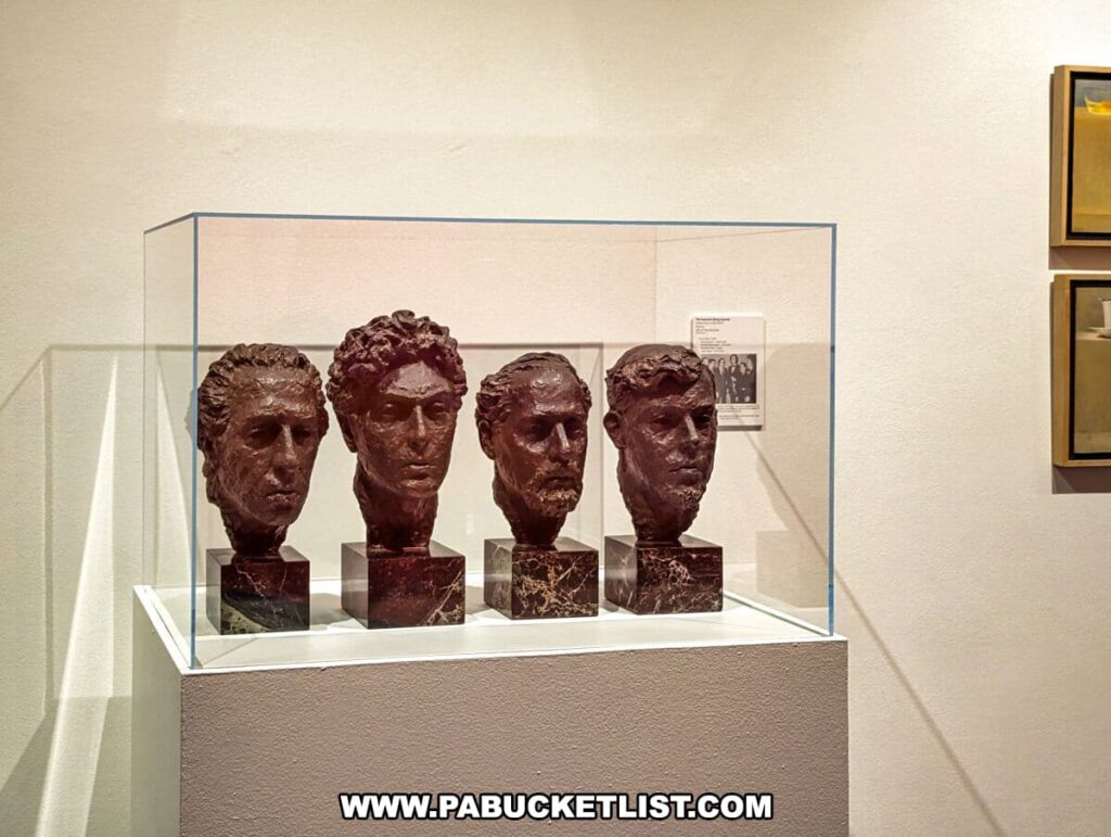 An exhibit at the Everhart Museum in Scranton, Pennsylvania, featuring a series of four bronze bust sculptures displayed in a glass case. Each bust portrays a detailed likeness of an individual, capturing unique facial expressions and hair textures. The sculptures are set against a neutral wall, complementing the artwork and allowing viewers to focus on the intricate details of each piece. A descriptive label next to the sculptures provides context for visitors, likely detailing the artist's name, the subjects' identities, or the significance of the works within the museum's collection.