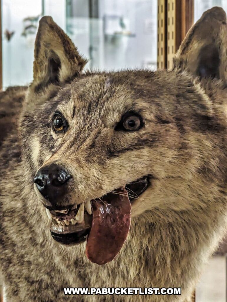 A close-up of a taxidermied wolf on display at the Everhart Museum in Scranton, Pennsylvania. The wolf's head is shown in profile with its mouth open, revealing a detailed set of teeth and a realistic representation of its tongue. The animal's eyes and fur are captured with lifelike precision, showcasing the quality of taxidermy and the museum's commitment to realistic displays in their natural history exhibits. The background is blurred, focusing the viewer's attention on the intricate details of the wolf's features.
