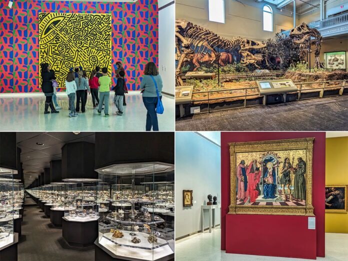 A collage of four diverse exhibits at the Carnegie Museums of Art and Natural History, Pittsburgh, PA. Top left: Visitors admire a vibrant, intricate wall mural. Top right: A display of dinosaur skeletons in a lifelike habitat. Bottom left: A dark room filled with illuminated cases of minerals and gems. Bottom right: A large, detailed religious painting set against a bold red wall.